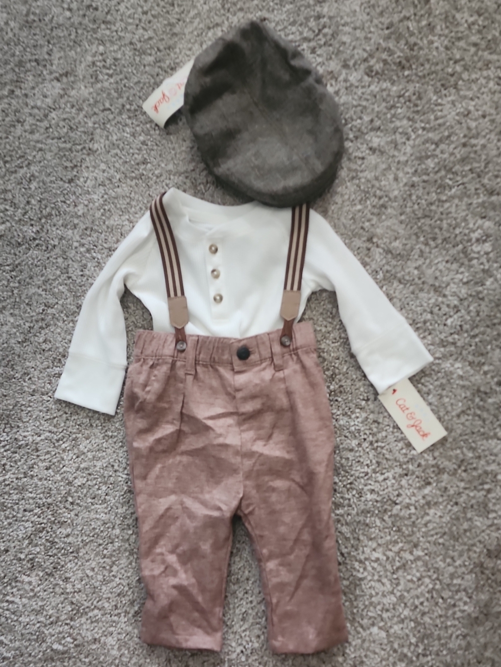 NWT 3-6 MONTH Brown Suspenders Pants Set with White Henley